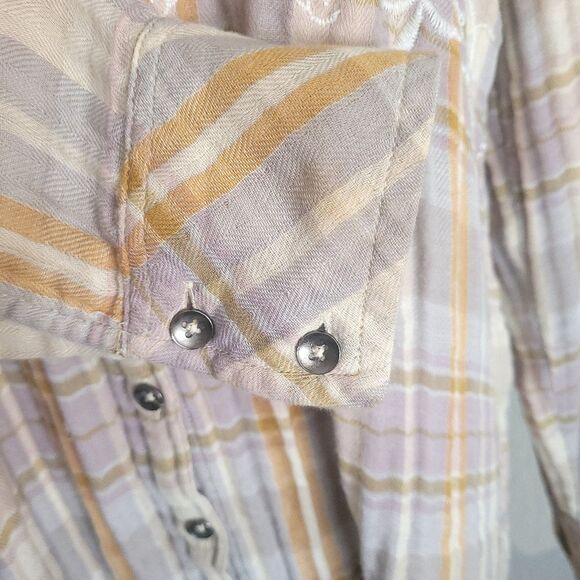 Free People Magical Plaid Embroidered Button Long Sleeve Top Gray & Orange Small - Picture 9 of 12